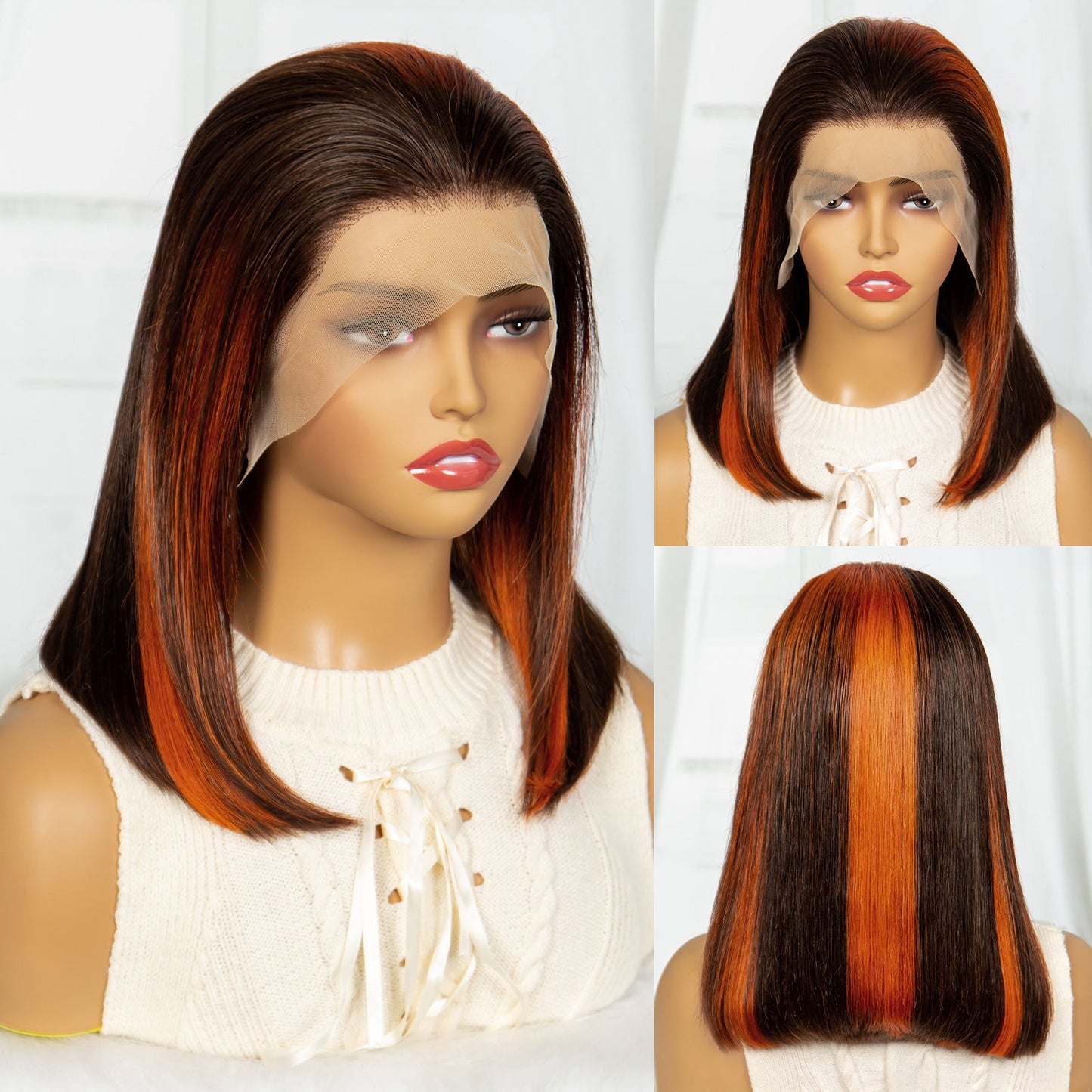 S SEDITTYHAIR 16" Ginger Highlight Human Hair Wig 12A Hair 13*4 Lace Front Straight 200% Density