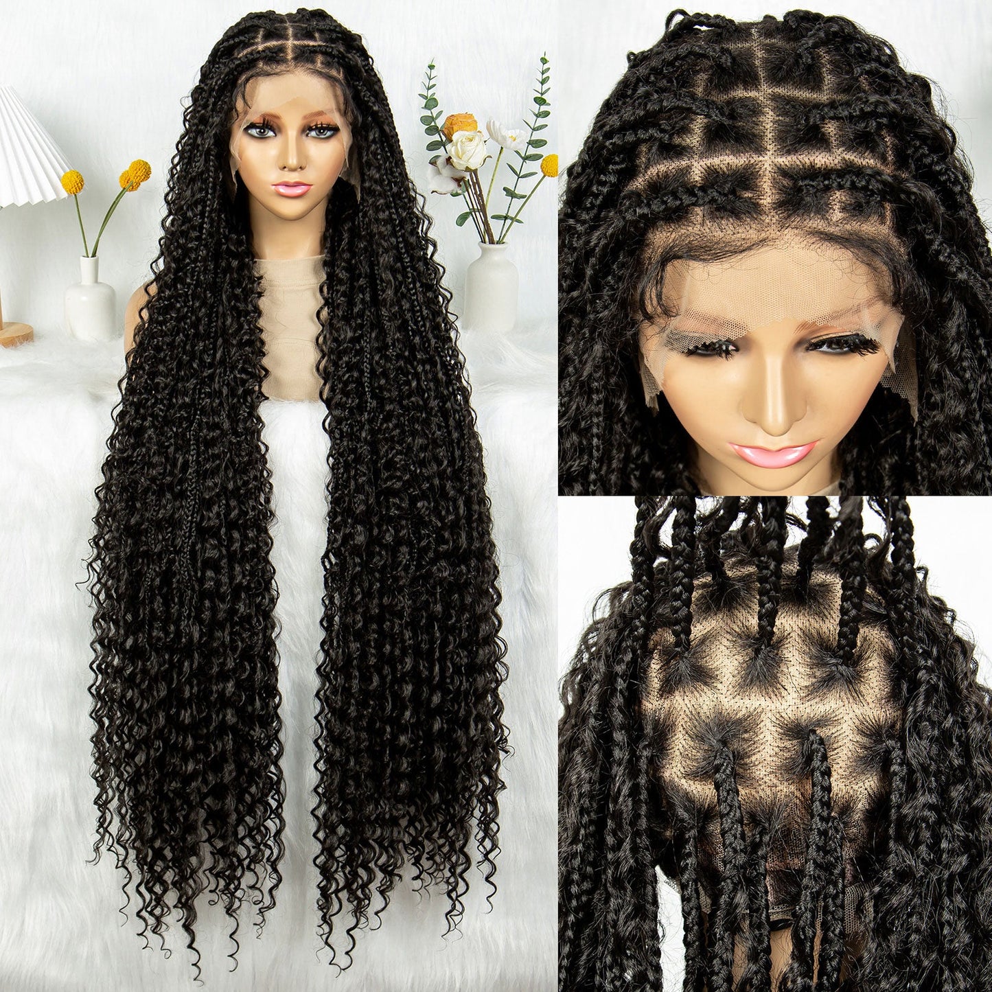 S SEDITTYHAIR Boho Braided Wig Synthetic Full Lace Knotless Box Braids Hair Wig 40 inches